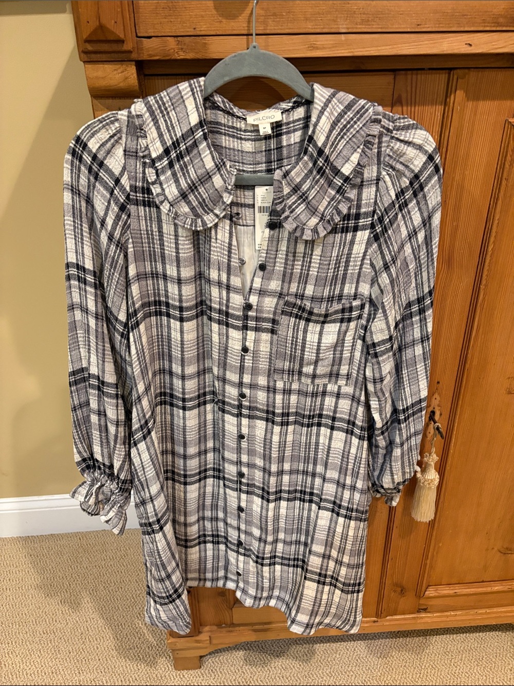 Pilcro Black & White Plaid Button-Down Dress with Ruffle Collar Size SP NWTs
